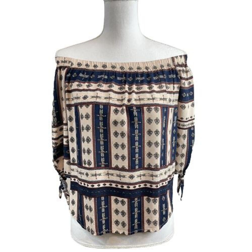 Ganji L.A. Women's M Medium Off the Shoulder Blouse Cream/Navy Batik Design